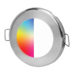 Multicolor LED light with round metal casing.