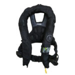 Black inflatable life jacket for safety.