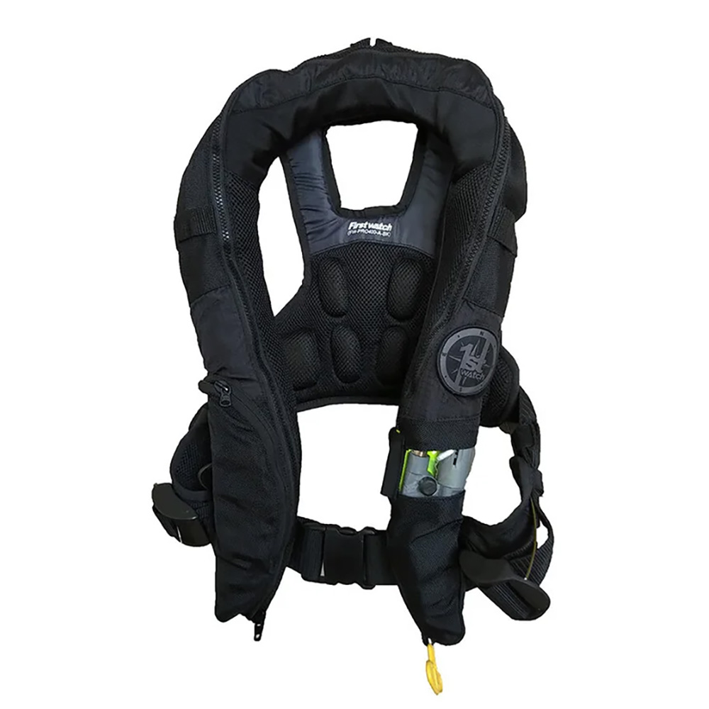 Black inflatable life jacket for safety.