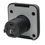 Power socket with prongs on gray background.