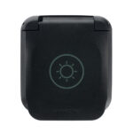 Black outdoor electrical socket with light icon.