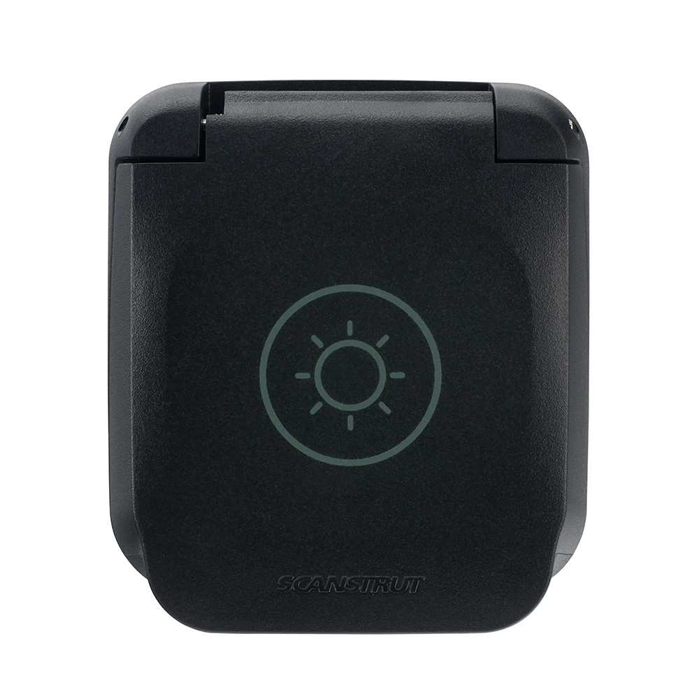 Black outdoor electrical socket with light icon.