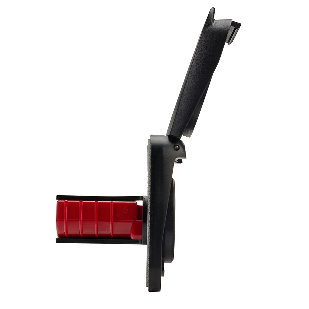 Open black and red plastic latch side view.