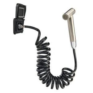 Coiled outdoor shower hose with handheld nozzle
