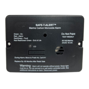 Marine carbon monoxide alarm with safety instructions.