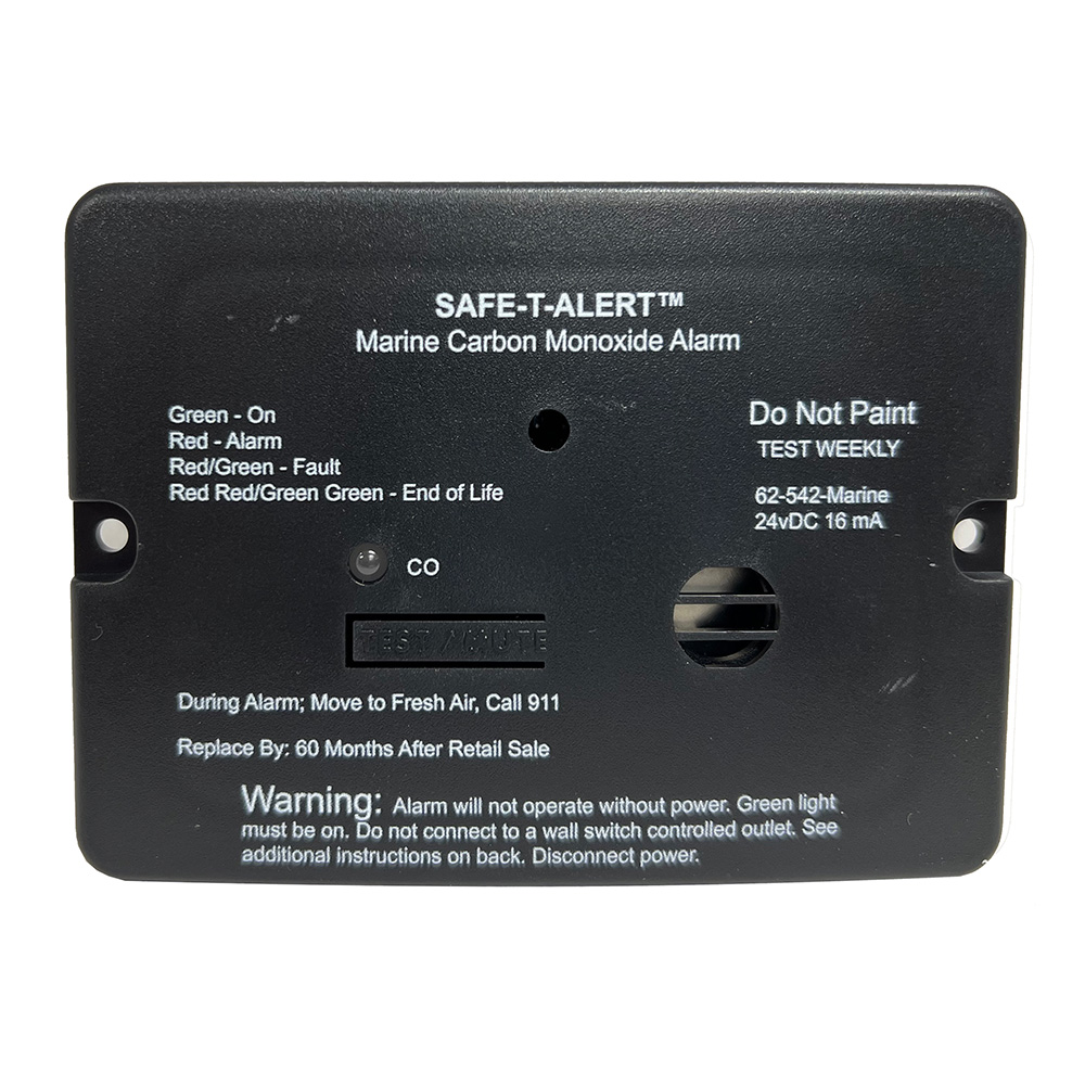 Marine carbon monoxide alarm with safety instructions.