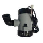 Submersible sump pump with hose and electrical cables.