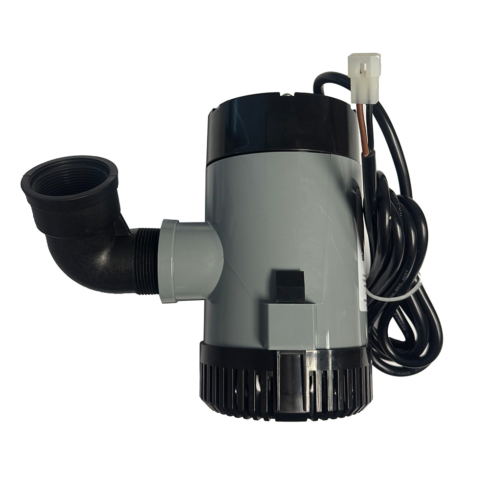 Submersible sump pump with hose and electrical cables.