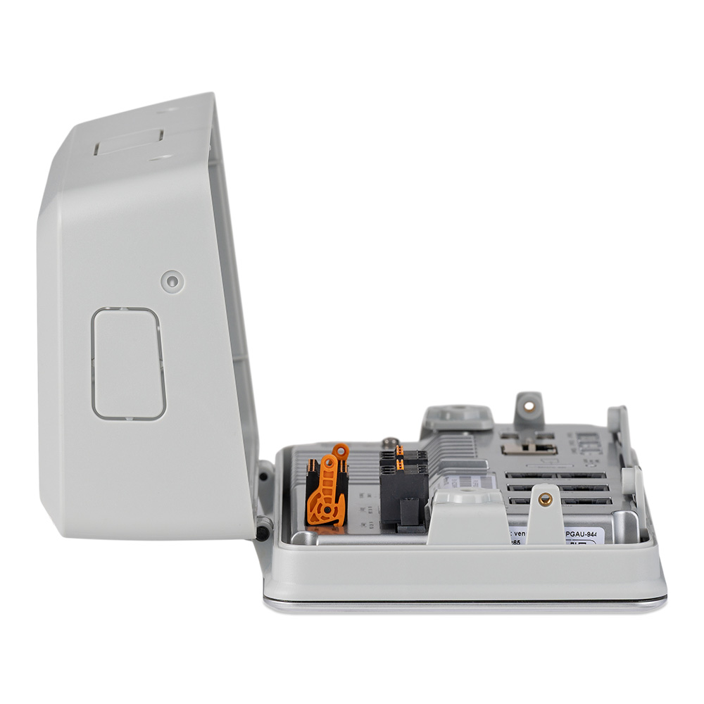 Open industrial control unit with visible connectors.