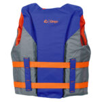 Blue and gray life vest with orange straps.