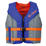 Blue and gray youth life jacket with orange straps.