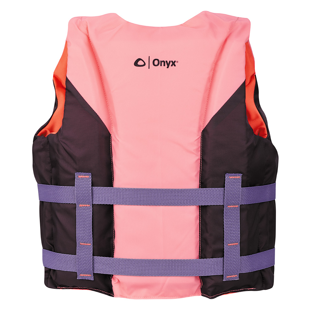 Pink life vest with purple straps