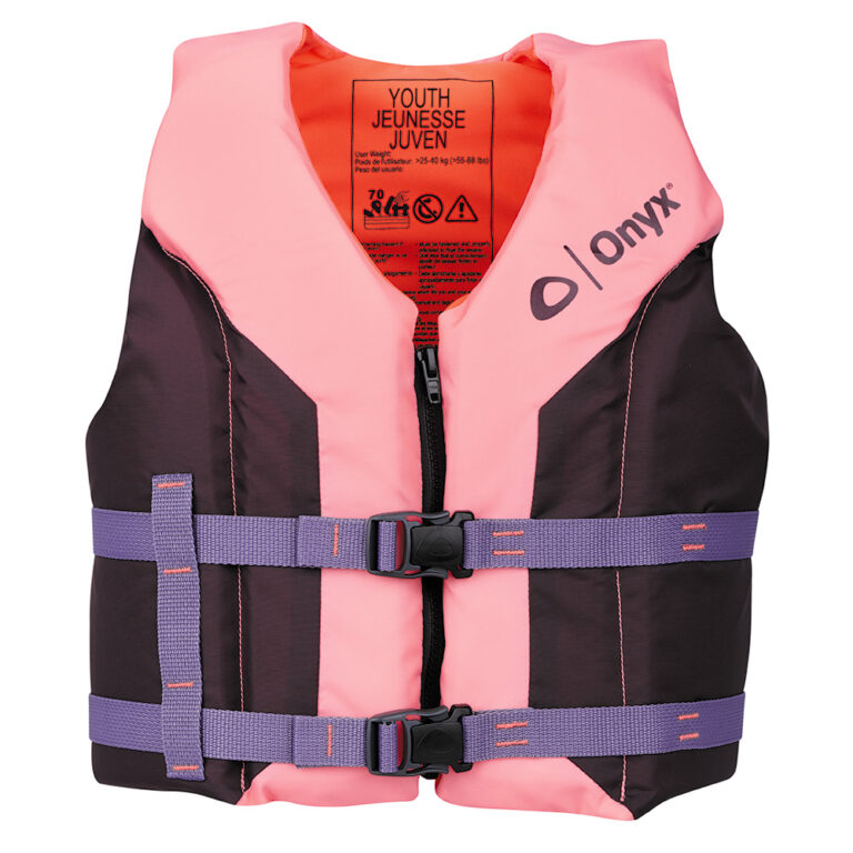 Pink and brown youth life jacket with buckles.