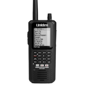 Uniden handheld radio scanner with menu screen visible.