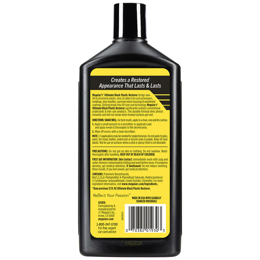 Meguiar's Ultimate Black Plastic Restorer bottle.