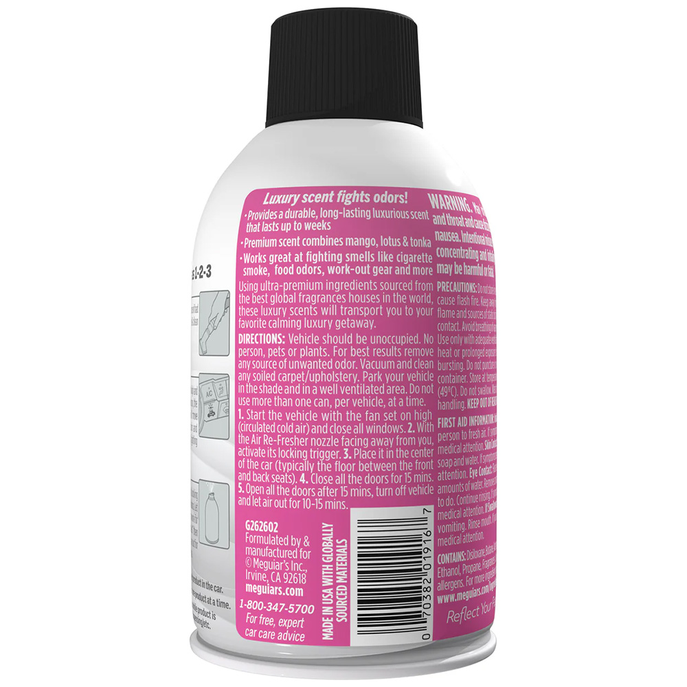Meguiar's air freshener spray eliminates odors in cars.