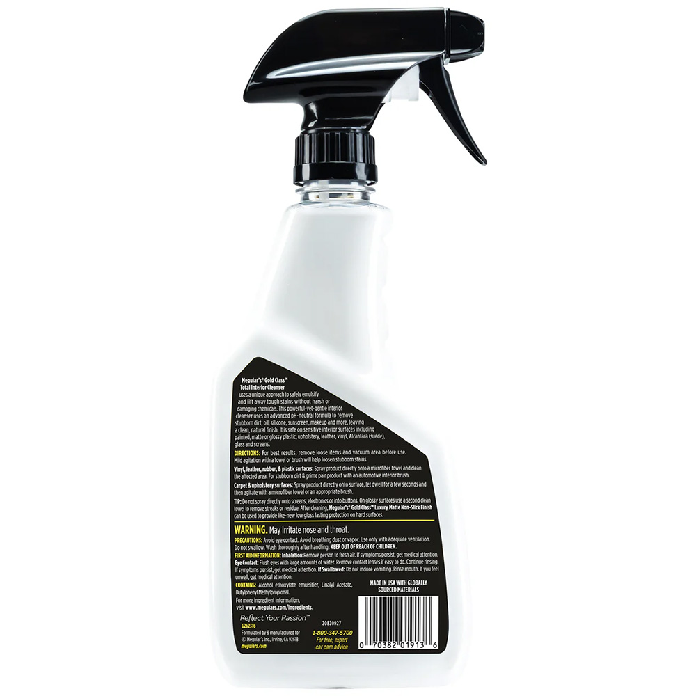 Meguiar's Gold Class Interior Cleaner spray bottle back view.