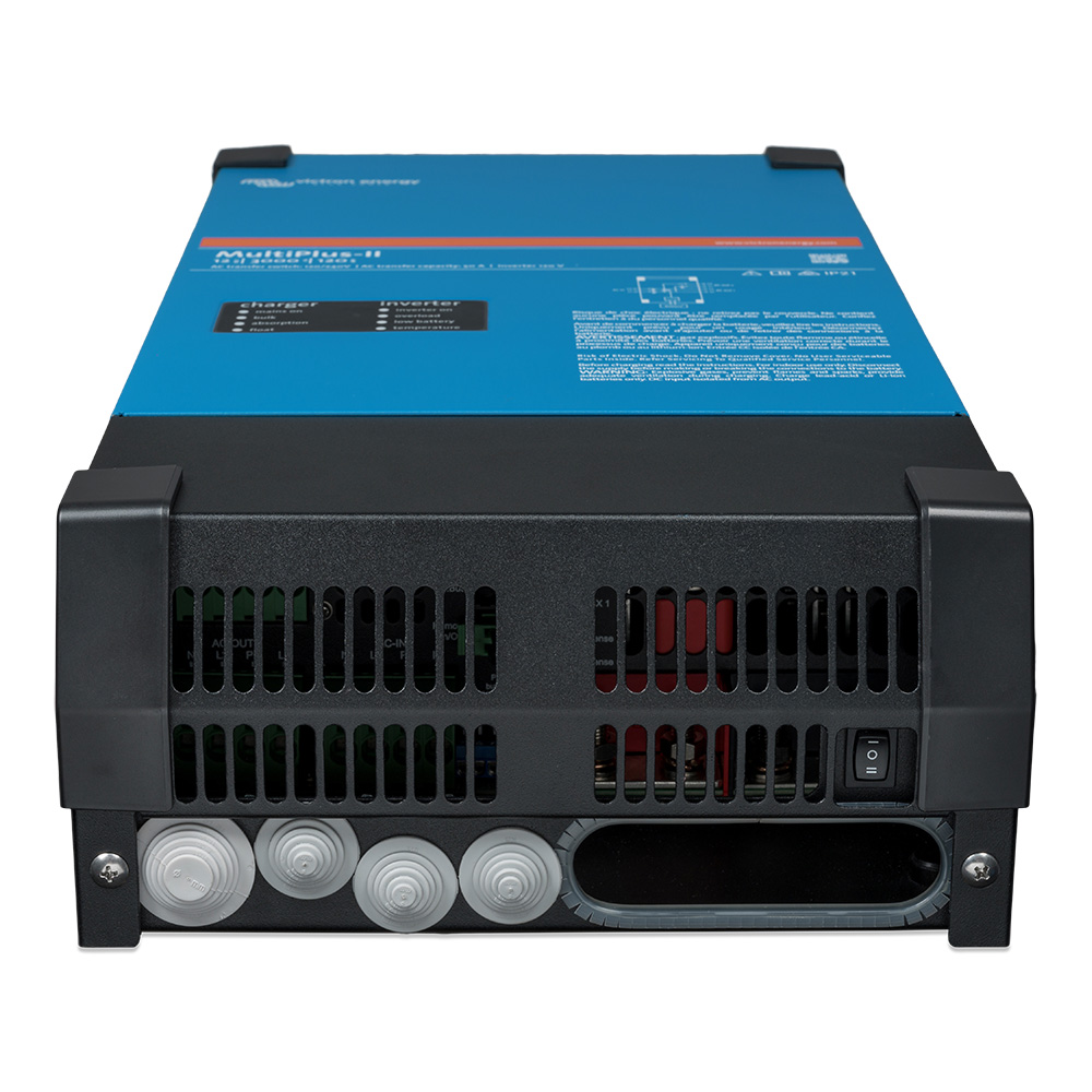 Blue power inverter with ventilation grilles and controls.