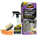 Carpet and cloth cleaning kit with brush and spray.