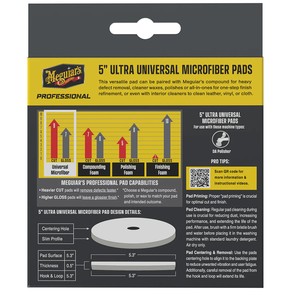 Meguiar's 5-inch microfiber pads packaging with usage details.