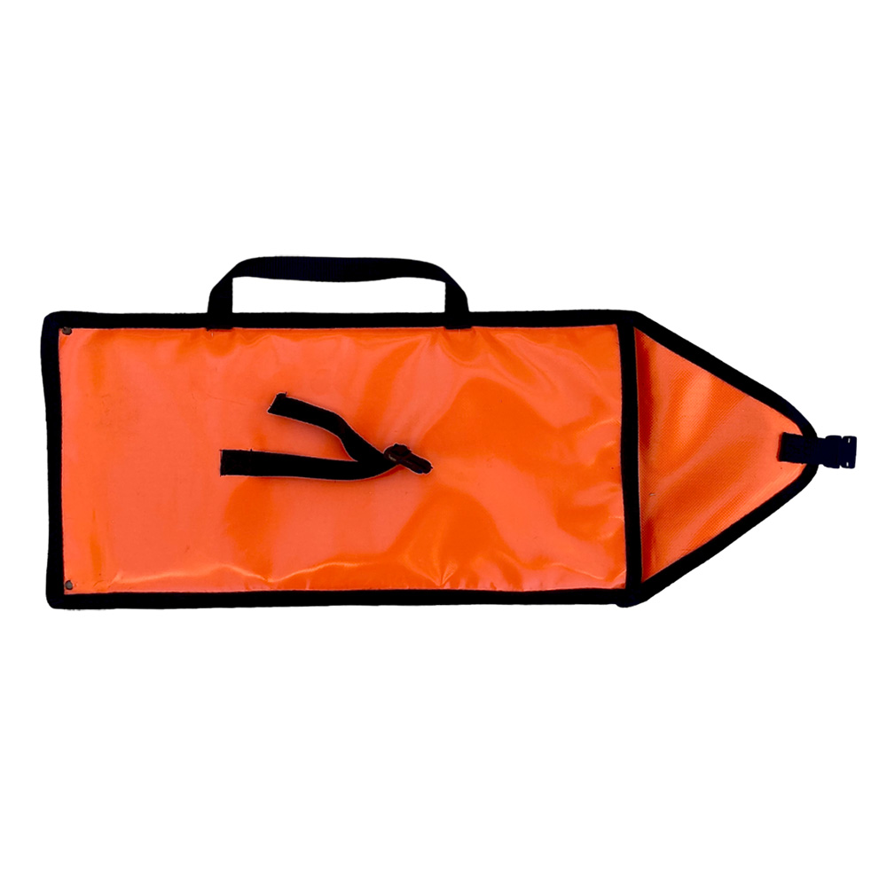 Orange diving safety marker buoy with handle.
