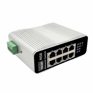 Industrial 8-port network switch with metal casing.