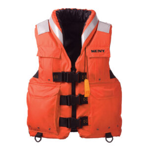 Orange life jacket with straps and pockets.