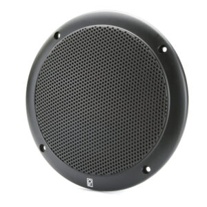 Black round speaker with perforated grille.