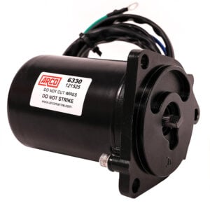 Black electric motor with warning label