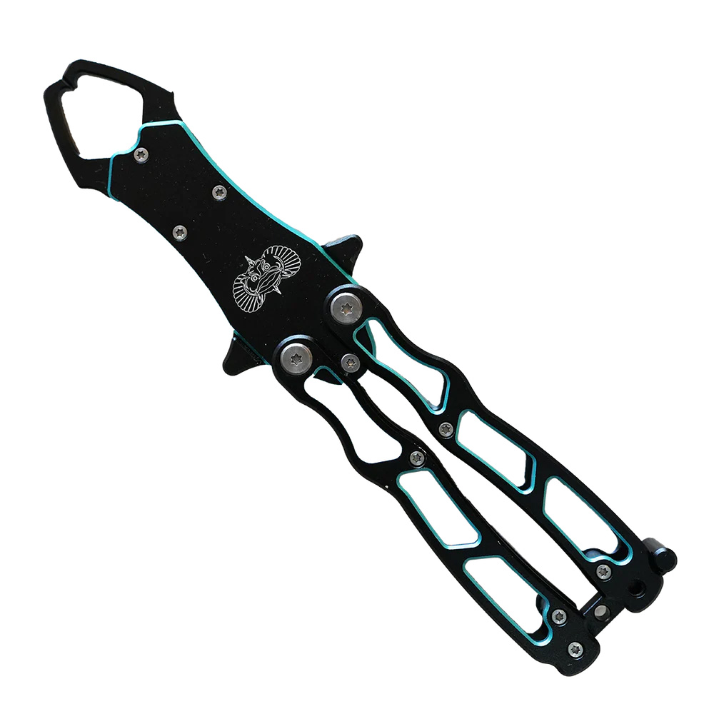 Black butterfly knife with turquoise accents