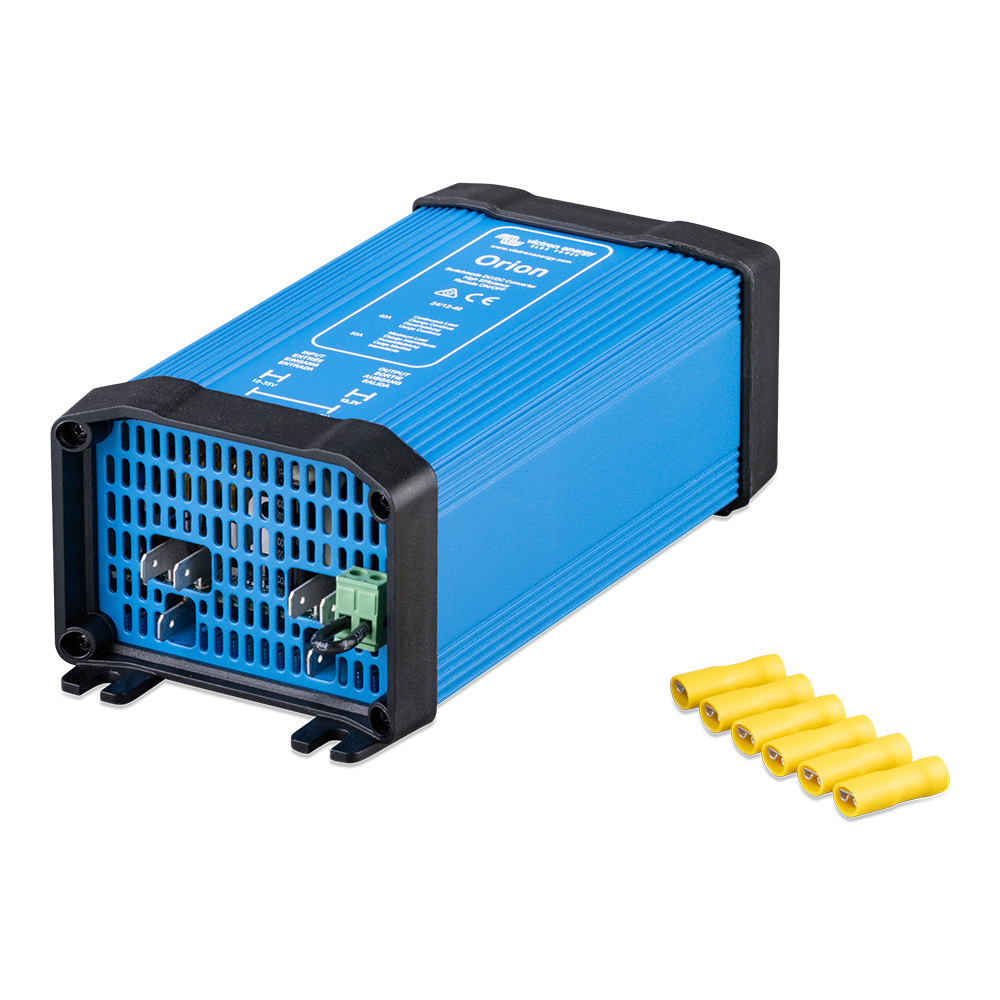 Blue Orion DC-DC converter with yellow connectors.