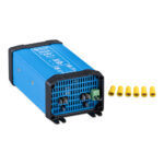 Blue electrical inverter with yellow connectors