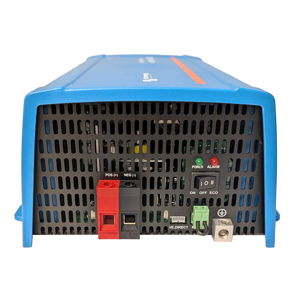 Blue power inverter with connection ports and switches.