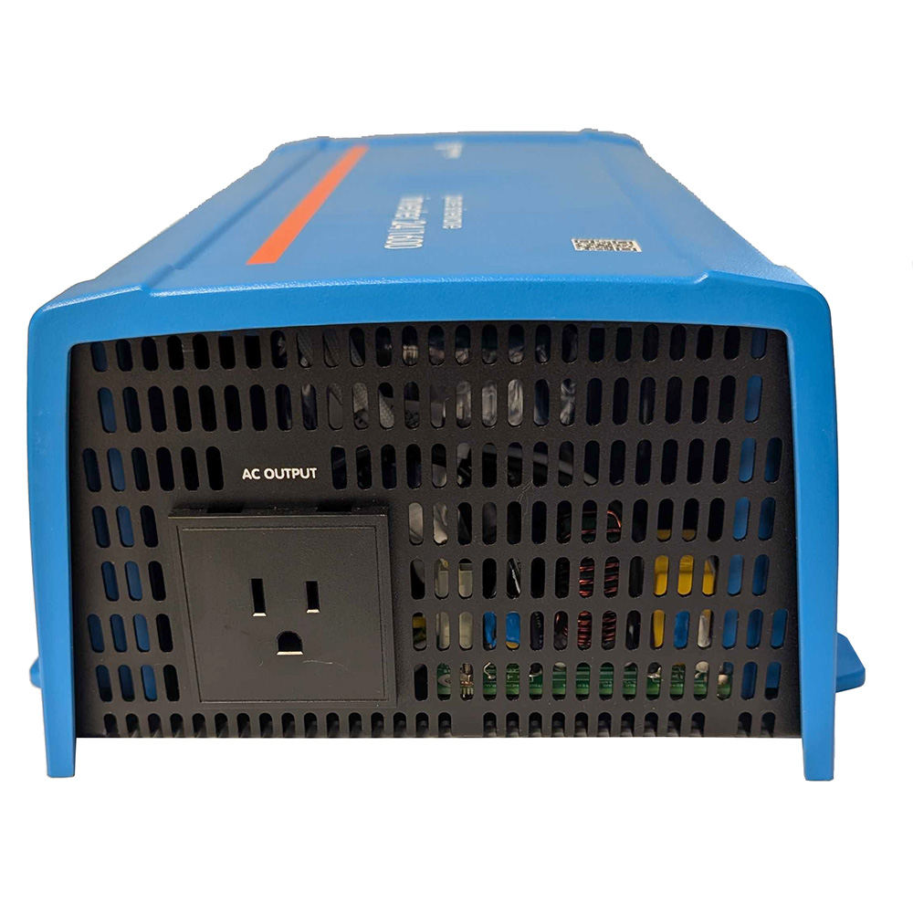 Blue power inverter with AC output socket.