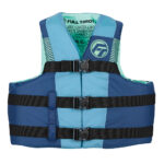Blue life jacket with black buckles