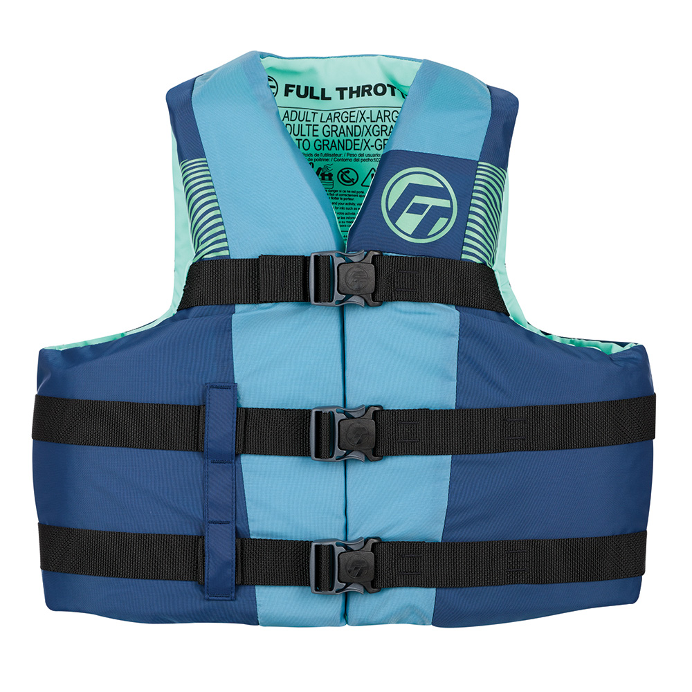 Blue life jacket with black buckles