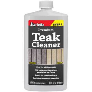 Starbrite teak cleaner bottle for wood surfaces.