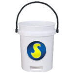 White plastic bucket with rope handle and logo