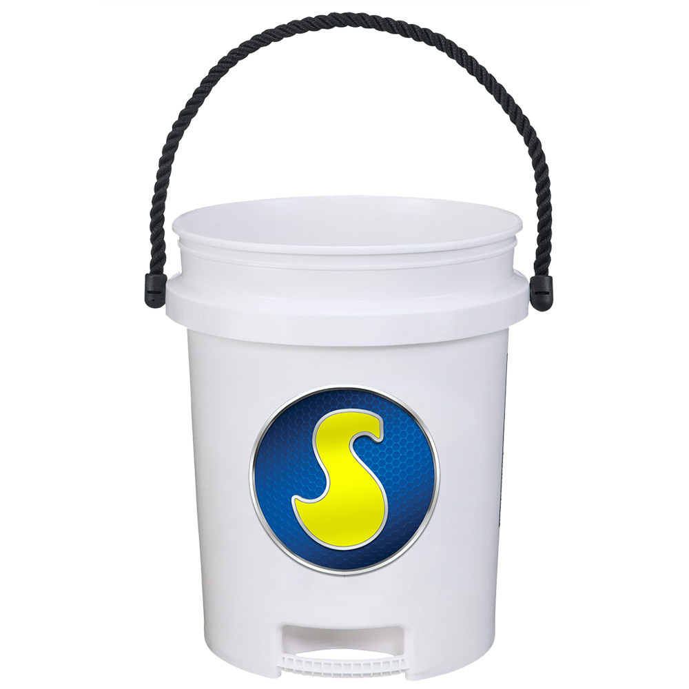 White plastic bucket with rope handle and logo