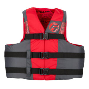 Red and gray life vest with buckles