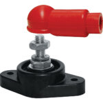 Red terminal cover for car battery.