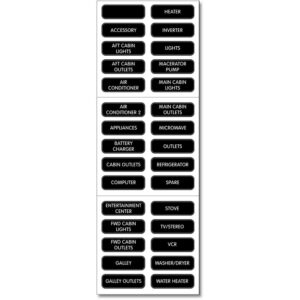 Electrical panel labels for various appliances and outlets.