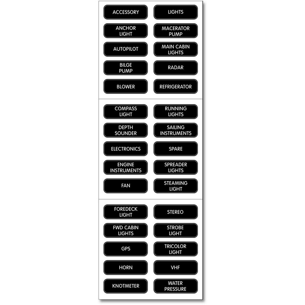 Boat switch labels for various lights and instruments.
