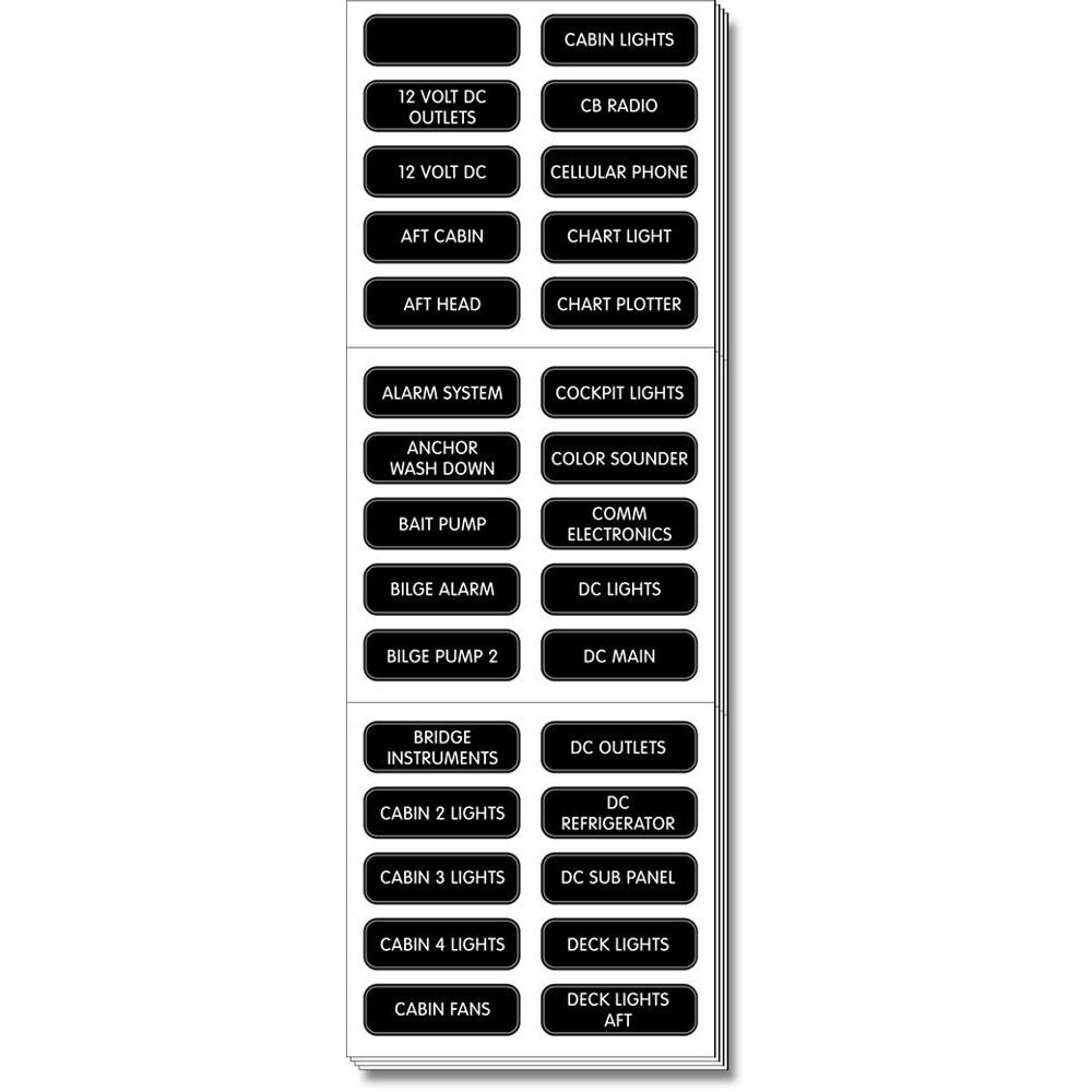 Assorted boat electrical panel labels for switches.