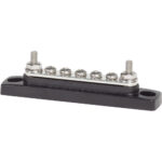 Electrical bus bar connector with screws and nuts.