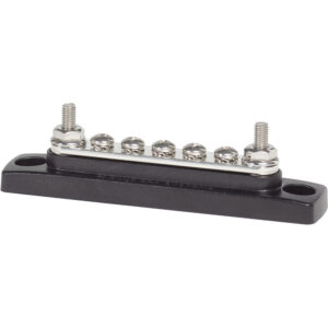 Electrical bus bar connector with screws and nuts.