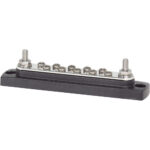 Electrical terminal block with multiple screw connectors.
