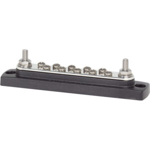 Electrical terminal block with multiple screw connectors.
