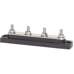 Four-terminal busbar with nuts and bolts.