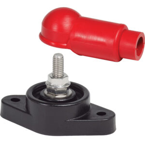 Red terminal cover and black mounting base bolt